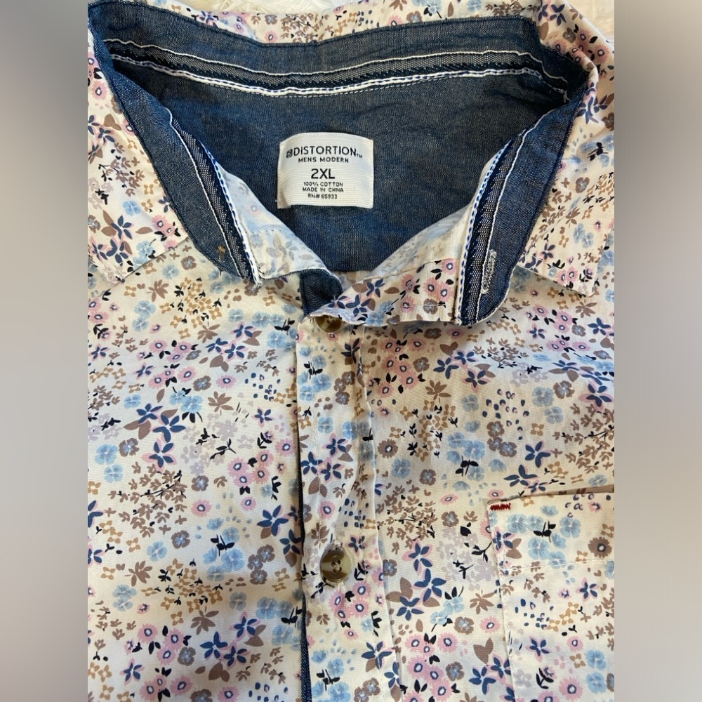Distortion Mens Floral Button Up Short Sleeve Shirt Size 2XL - Picture 4 of 13